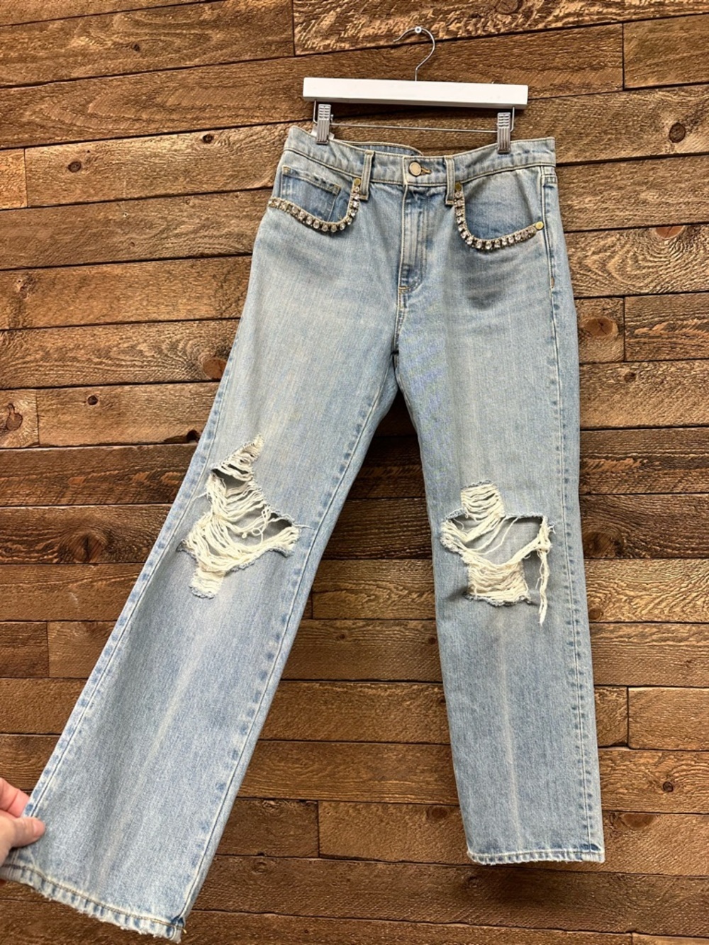 Ramy Brook Crystal Embellished Distressed Straight Leg Jeans Size 26